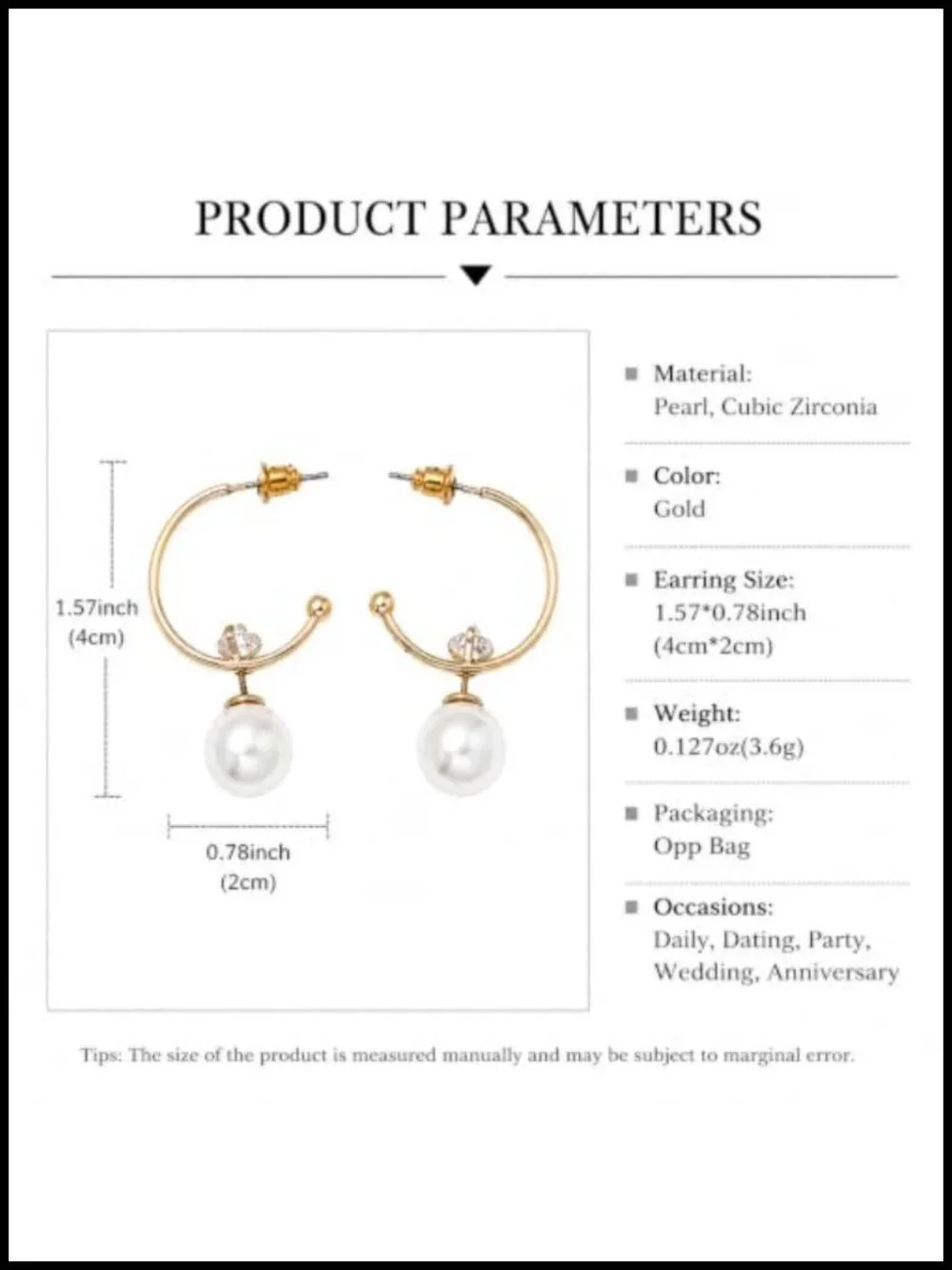 Faux Pearl Hoop Earrings with Crystal Accent, Gold-Tone Finish, Lightweight